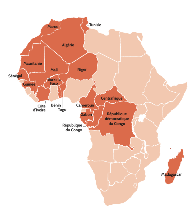 Carte d'Afrique avec les 18 pays et 22 unités membres du GFAOP